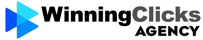 Logo of Winning Clicks Agency with stylized blue and cyan arrows pointing right. The text 
